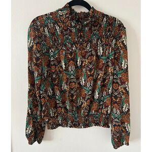 Essue Women's Floral Smocked Mock Neck Long Sleeve Blouse Size Medium